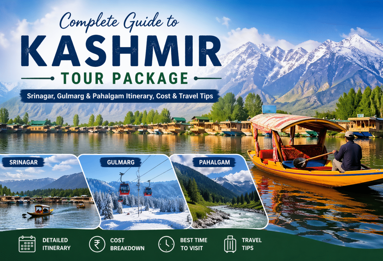 Beautiful Kashmir tour covering Srinagar Dal Lake, Gulmarg snow mountains, and Pahalgam valley landscape